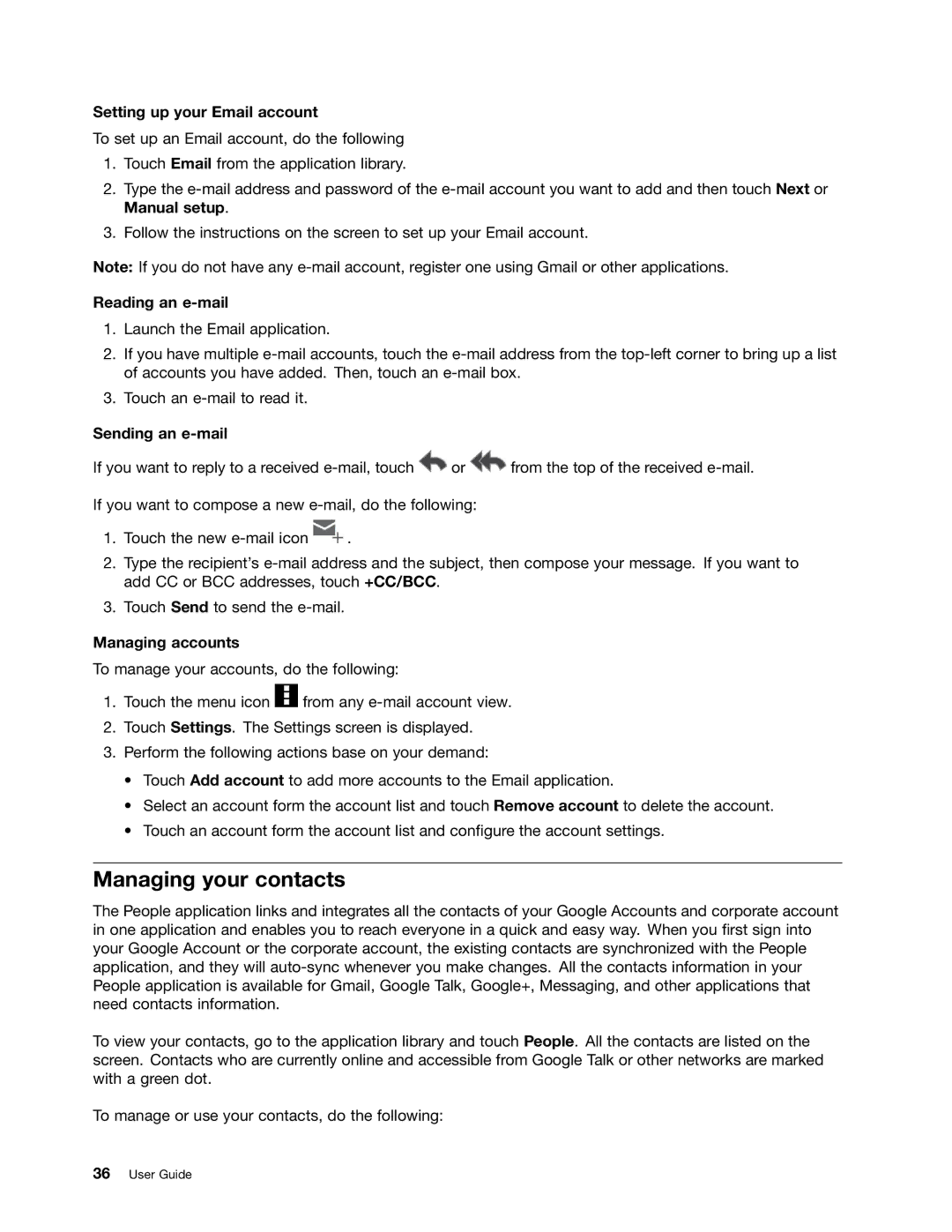Lenovo 183825U manual Managing your contacts, Setting up your Email account, Reading an e-mail, Sending an e-mail 
