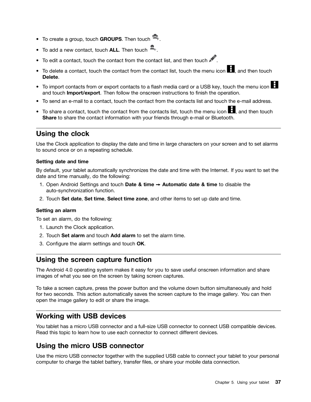 Lenovo 183825U Using the clock, Using the screen capture function, Working with USB devices, Using the micro USB connector 