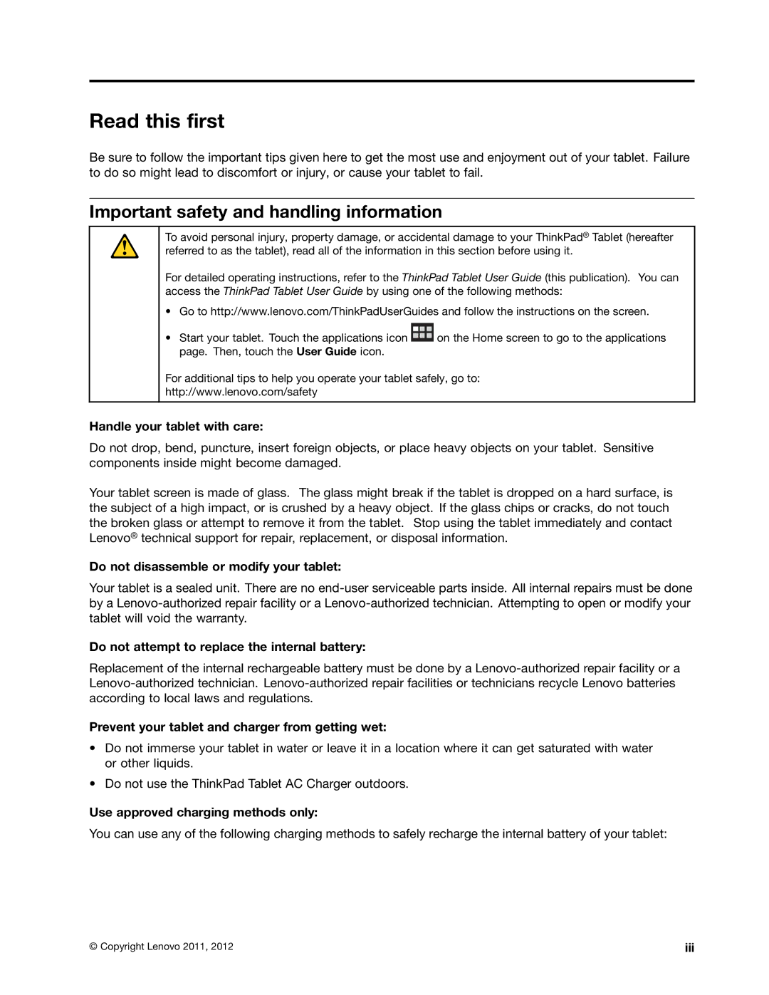 Lenovo 183825U manual Read this first, Important safety and handling information 