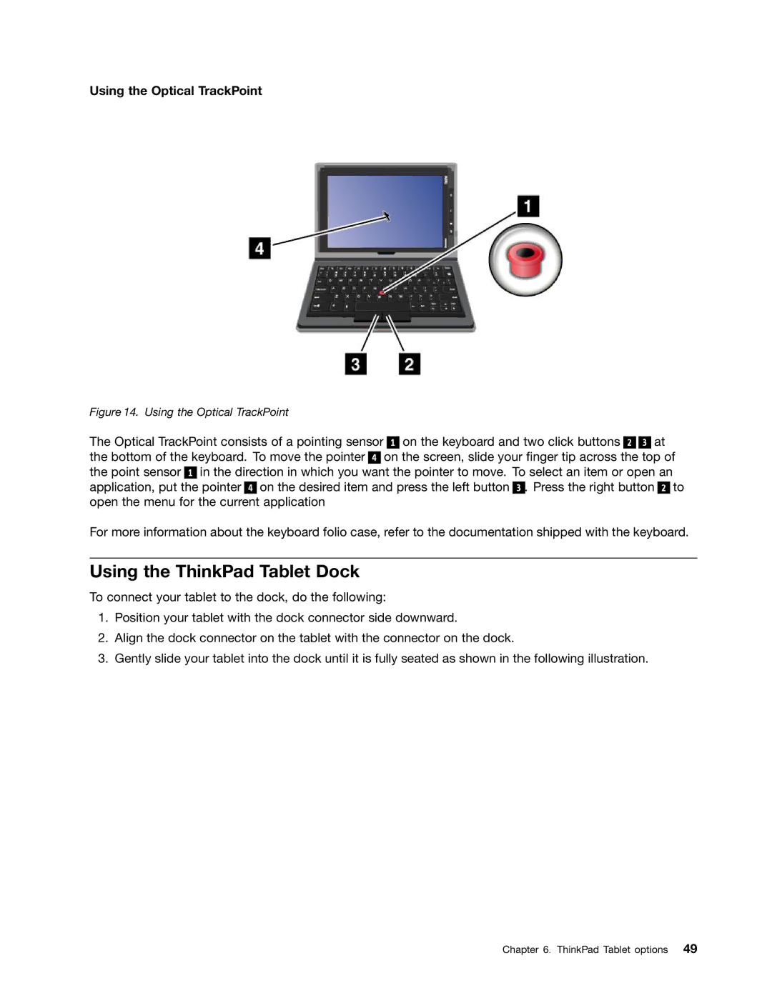 Lenovo 183825U manual Using the ThinkPad Tablet Dock, Using the Optical TrackPoint 