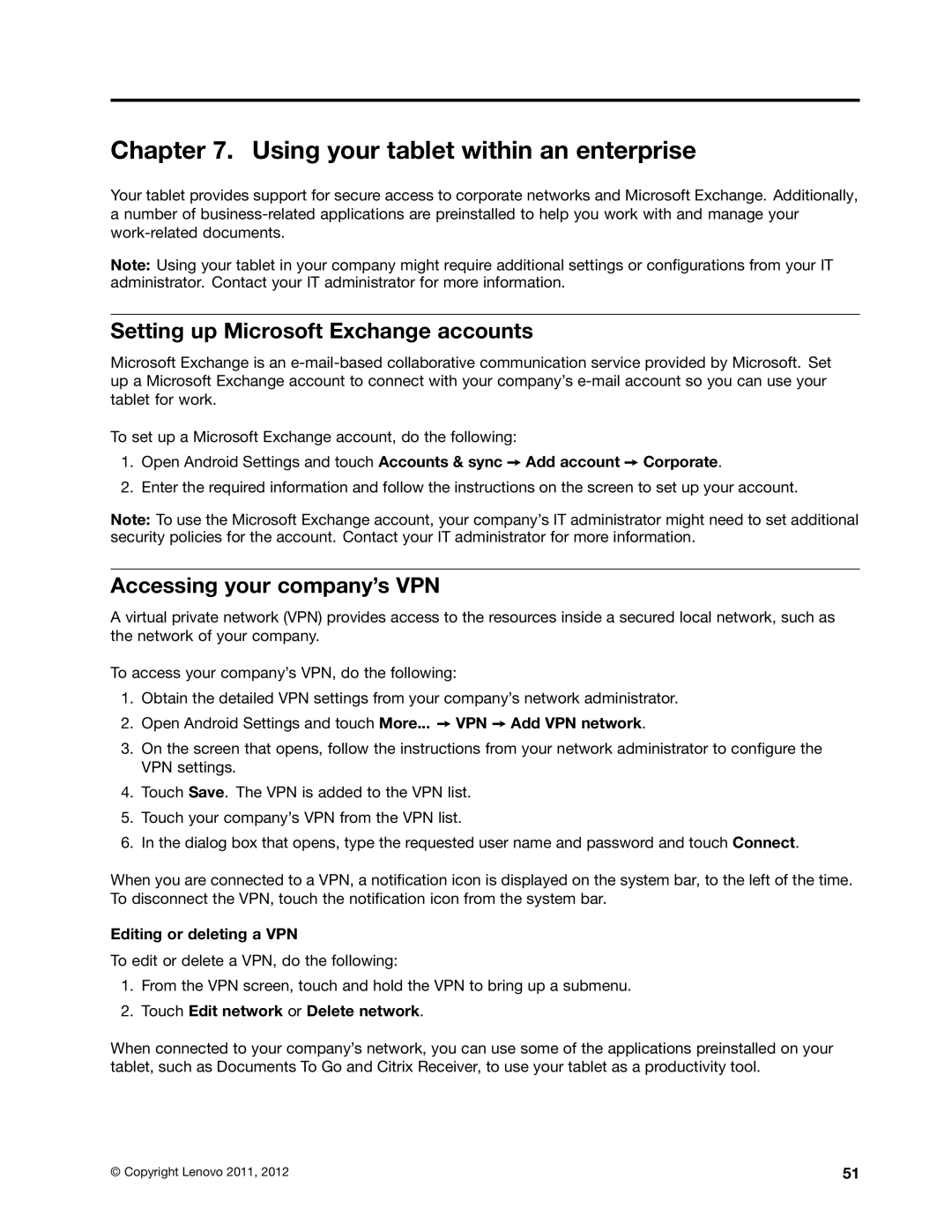 Lenovo 183825U Using your tablet within an enterprise, Setting up Microsoft Exchange accounts, Editing or deleting a VPN 