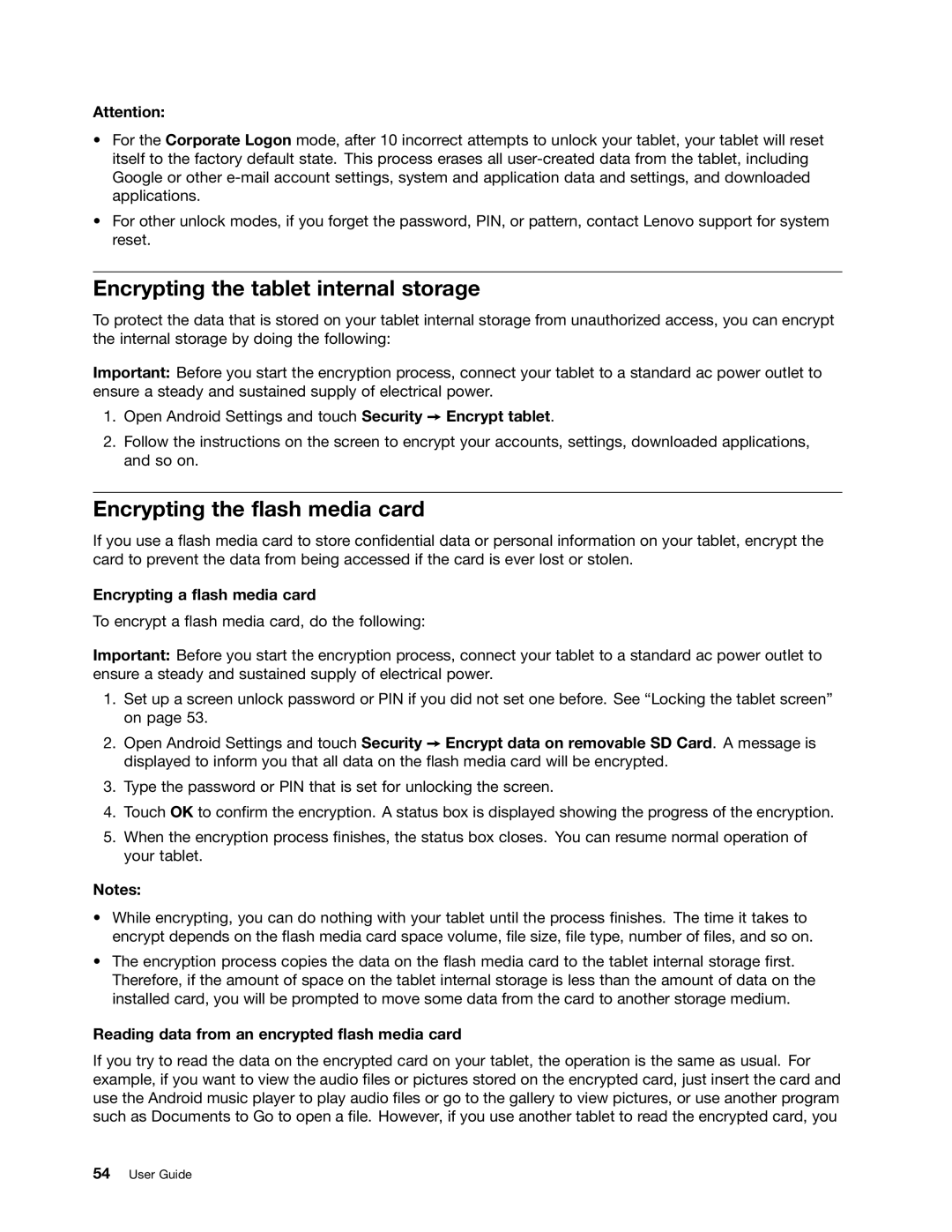 Lenovo 183825U Encrypting the tablet internal storage, Encrypting the flash media card, Encrypting a flash media card 