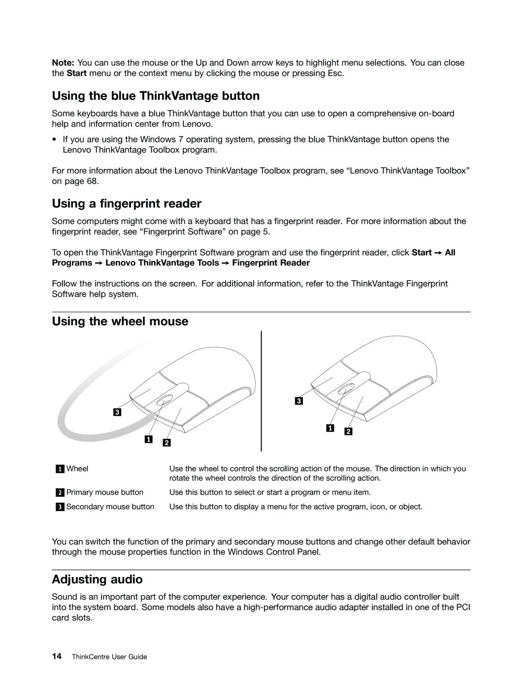 Lenovo 1664, 1938 Using the blue ThinkVantage button, Using a fingerprint reader, Using the wheel mouse, Adjusting audio 