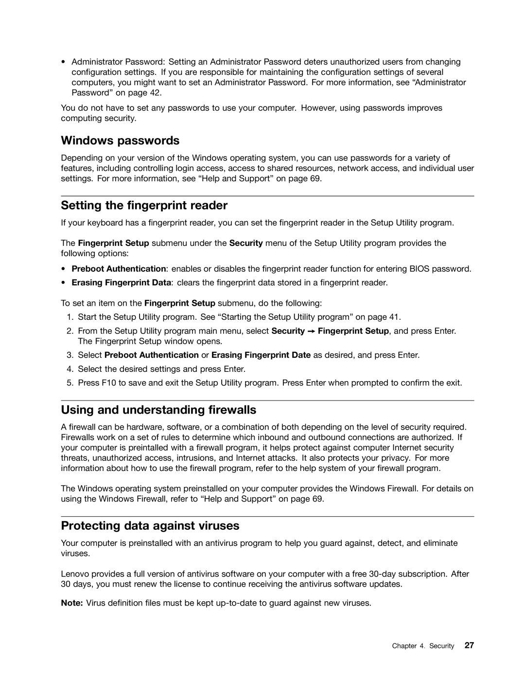 Lenovo 1665, 1938, 1962, 1942, 1837, 1782 Windows passwords, Setting the fingerprint reader, Using and understanding firewalls 
