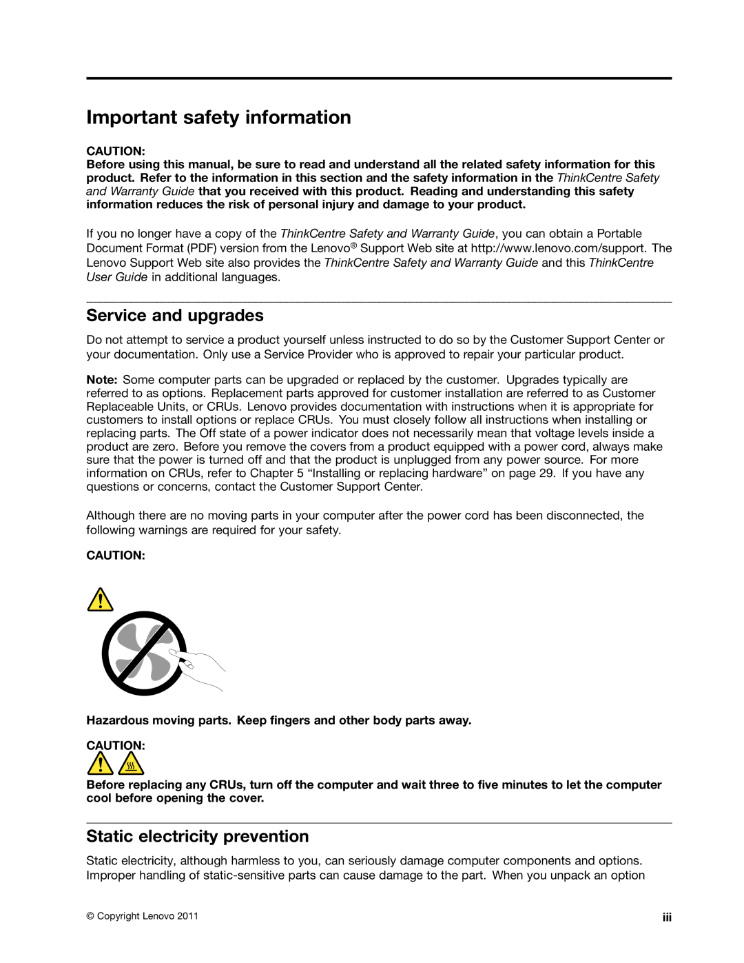 Lenovo 1739, 1938, 1962, 1942, 1837, 1782 Important safety information, Service and upgrades, Static electricity prevention 