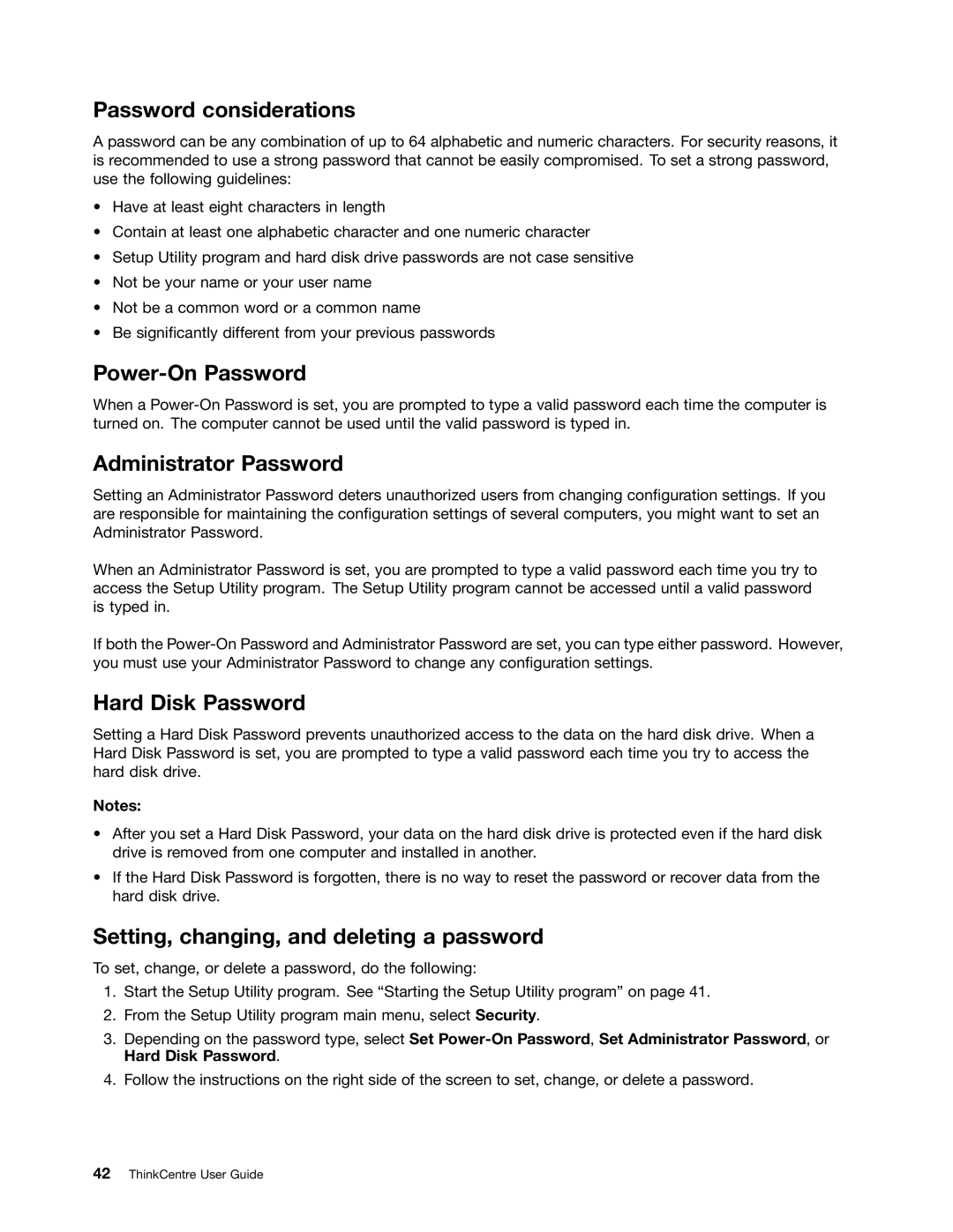 Lenovo 1665, 1938, 1962, 1942, 1837 Password considerations, Power-On Password, Administrator Password, Hard Disk Password 