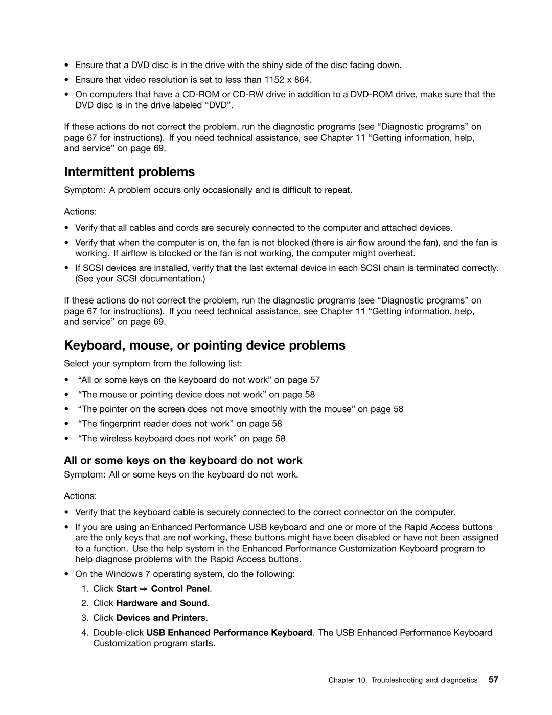 Lenovo 1665, 1938, 1962, 1942, 1837, 1782, 1739, 1762, 1738 Intermittent problems, Keyboard, mouse, or pointing device problems 