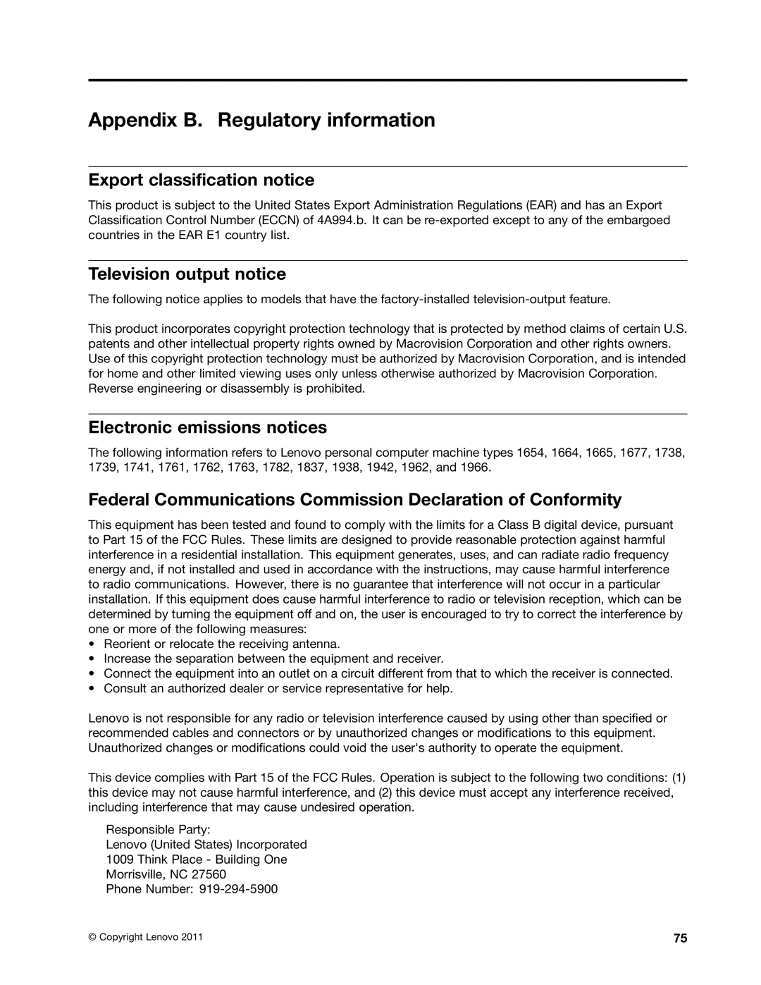 Lenovo 1763, 1938, 1962, 1942 Appendix B. Regulatory information, Export classification notice, Television output notice 