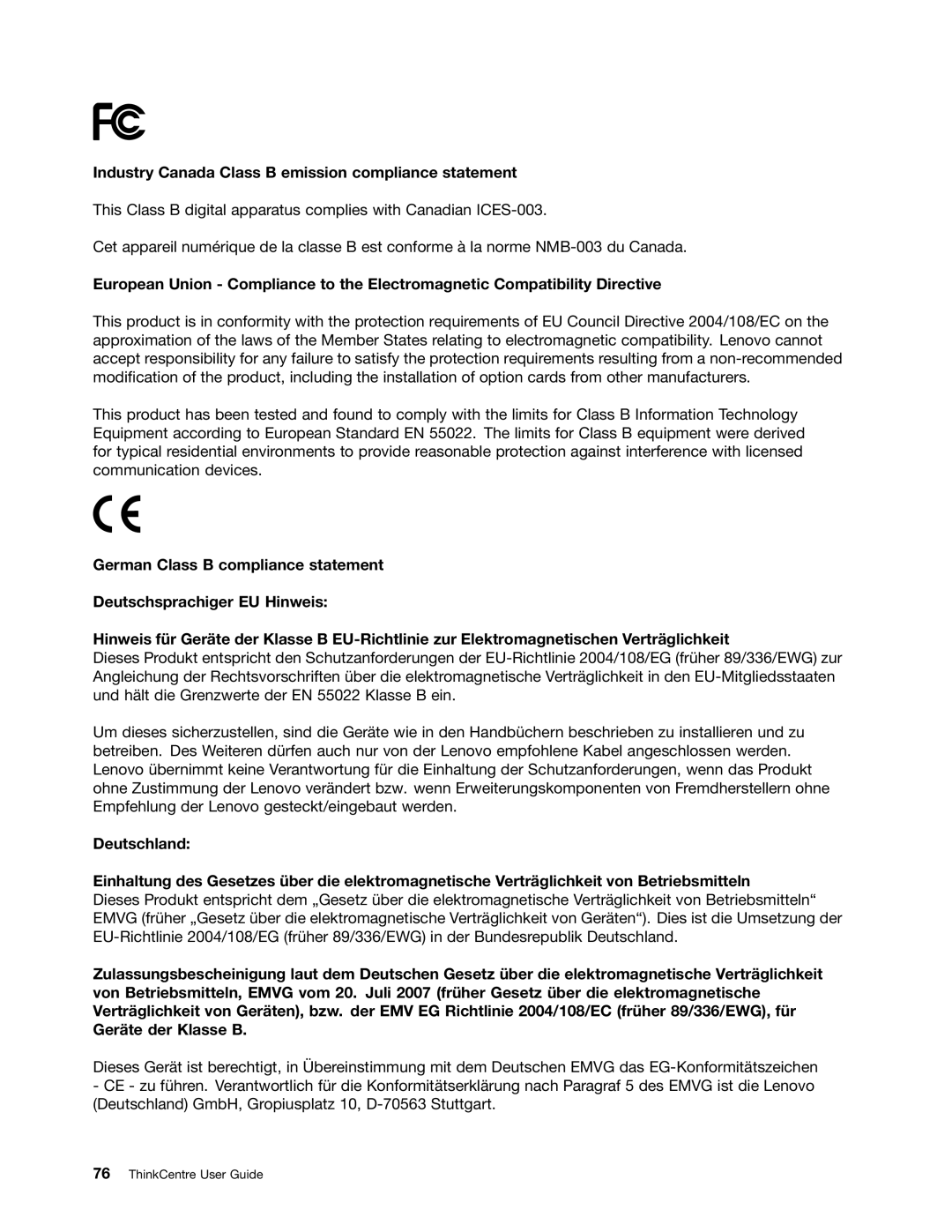 Lenovo 1741, 1938, 1962, 1942, 1837, 1782, 1739, 1762, 1665, 1738, 1664, 1763 Industry Canada Class B emission compliance statement 