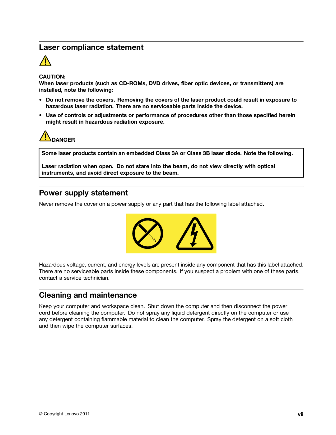 Lenovo 1664, 1938, 1962, 1942, 1837, 1782, 1739 Laser compliance statement, Power supply statement, Cleaning and maintenance 