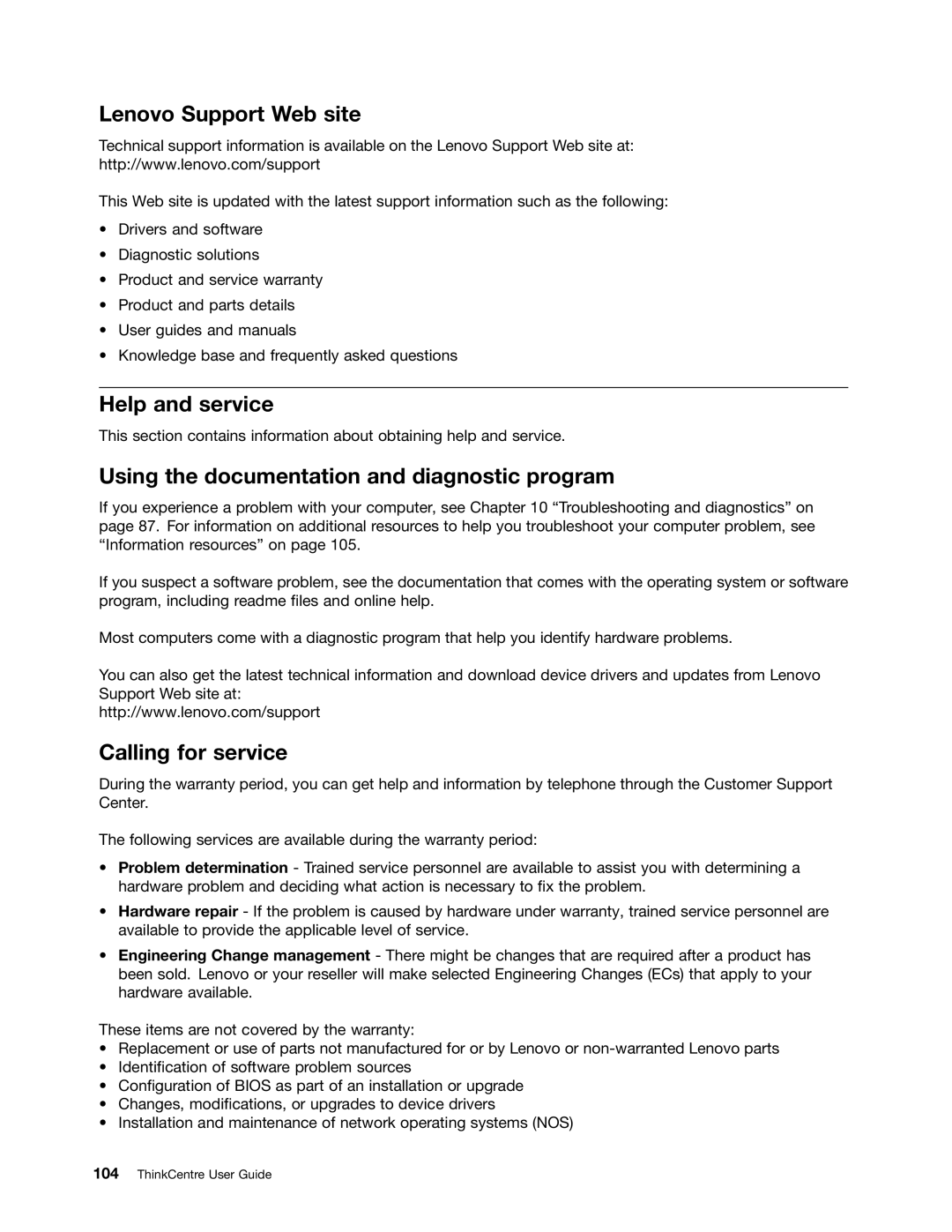 Lenovo 1982 Lenovo Support Web site, Help and service, Using the documentation and diagnostic program, Calling for service 