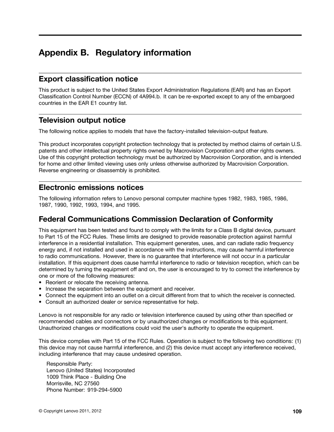 Lenovo 1995, 1993, 1986, 1985 Appendix B. Regulatory information, Export classification notice, Television output notice 