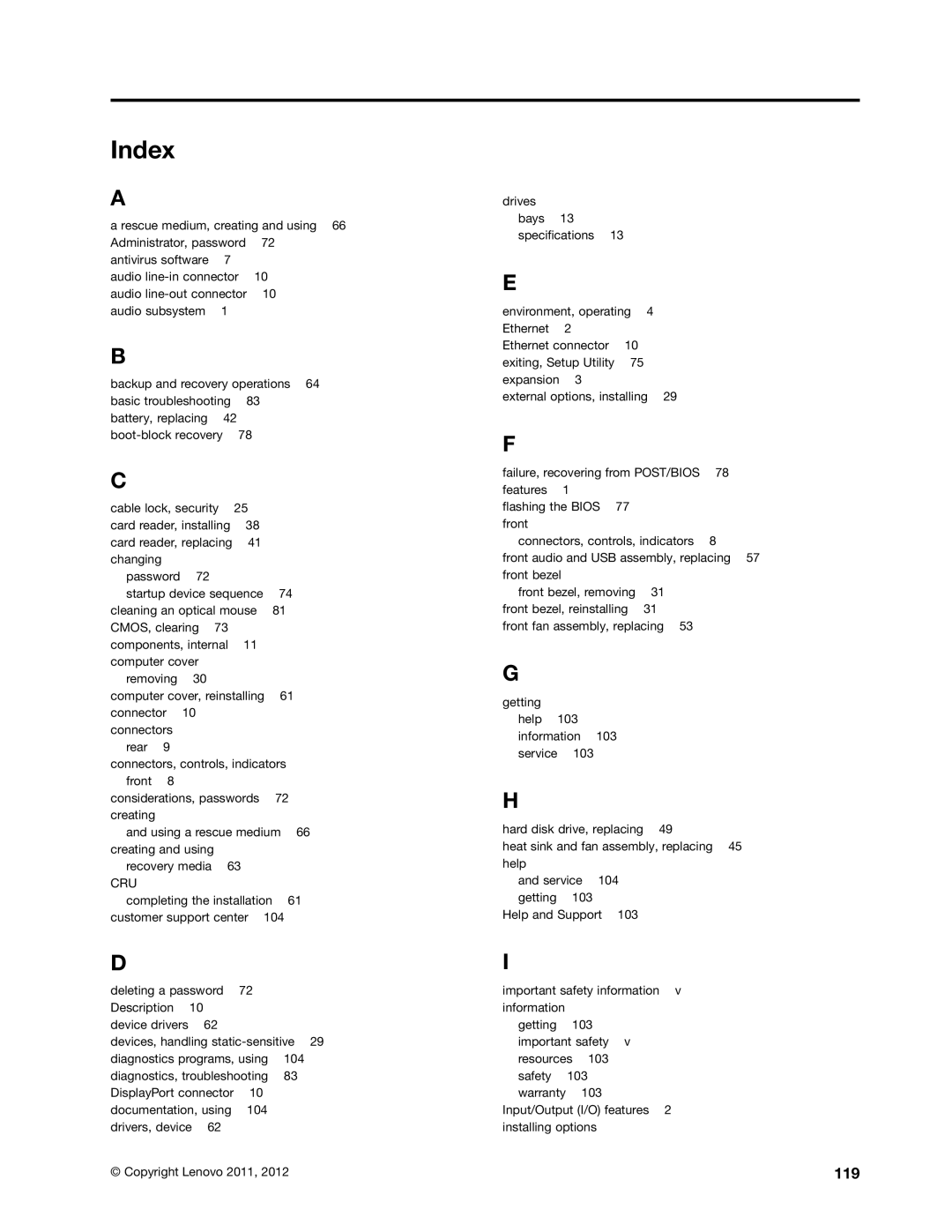 Lenovo 1995, 1993, 1986, 1985, 1987, 1994, 1982, 1983, 1990, 1992 manual Index, 119 