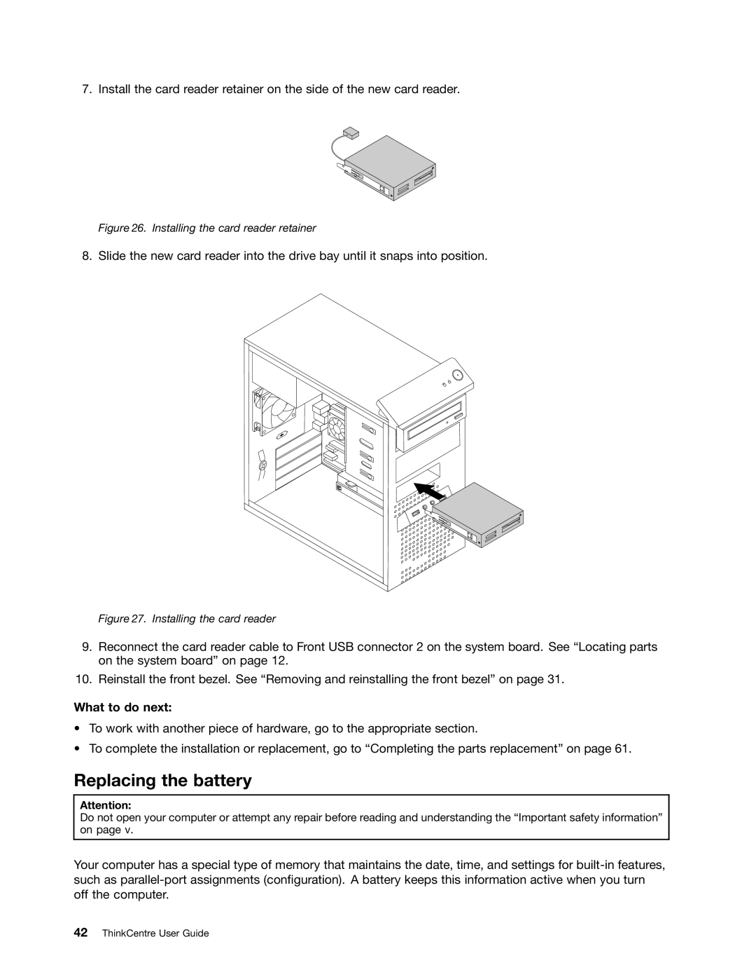 Lenovo 1987, 1993, 1995, 1986, 1985, 1994, 1982, 1983, 1990, 1992 manual Replacing the battery, Installing the card reader retainer 