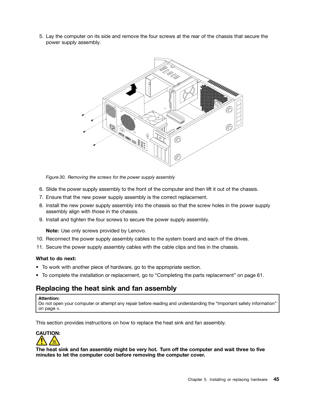 Lenovo 1983, 1993, 1995, 1986 Replacing the heat sink and fan assembly, Removing the screws for the power supply assembly 