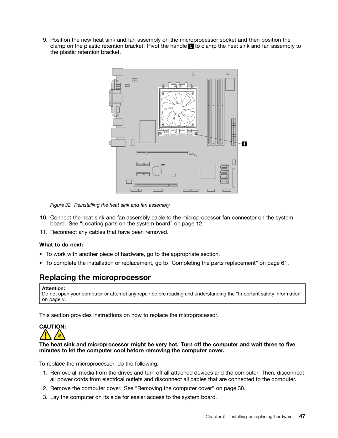 Lenovo 1992, 1993, 1995, 1986, 1985, 1987, 1994, 1982 Replacing the microprocessor, Reinstalling the heat sink and fan assembly 