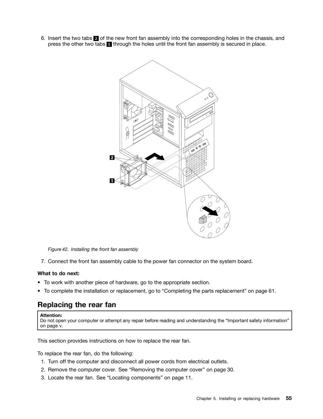 Lenovo 1983, 1993, 1995, 1986, 1985, 1987, 1994, 1982, 1990, 1992 manual Replacing the rear fan, Installing the front fan assembly 