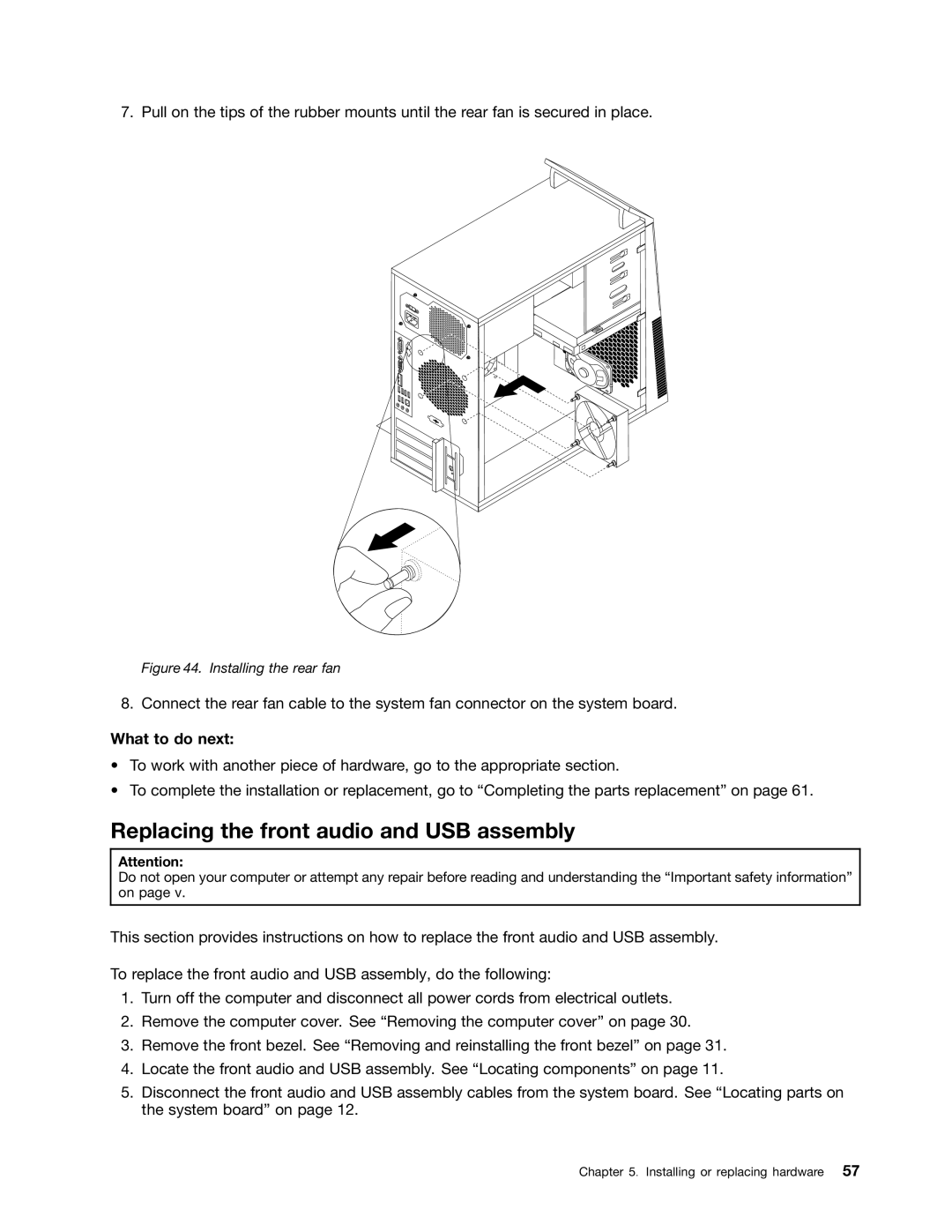 Lenovo 1992, 1993, 1995, 1986, 1985, 1987, 1994, 1982, 1983 Replacing the front audio and USB assembly, Installing the rear fan 