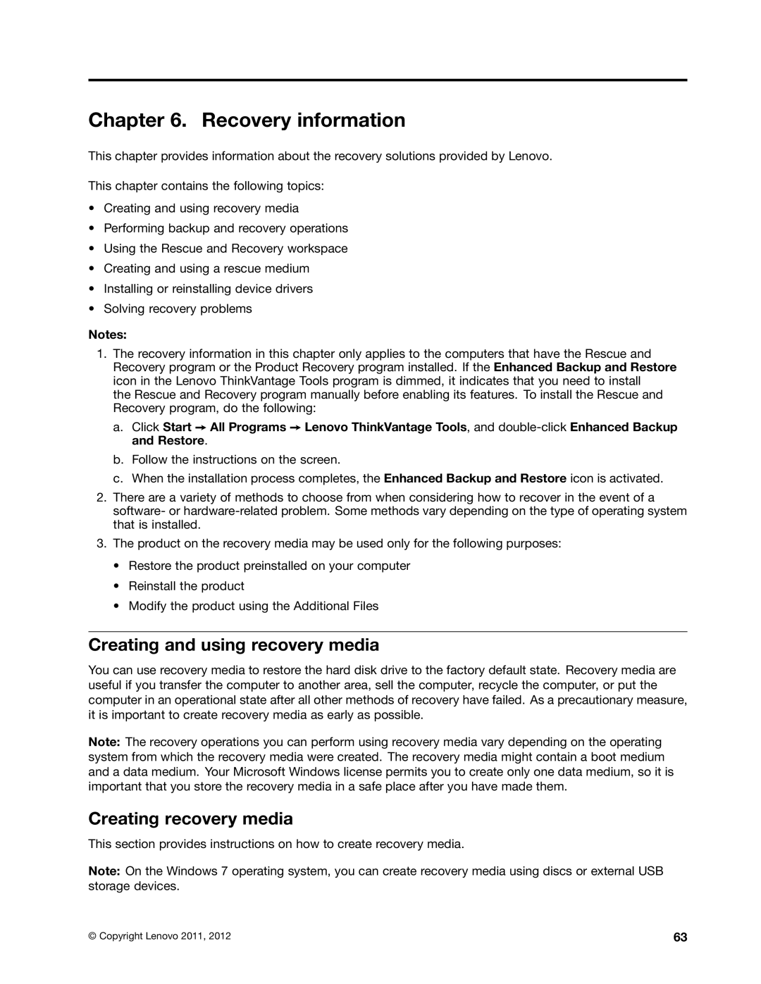 Lenovo 1994, 1993, 1995, 1986, 1985, 1987 Recovery information, Creating and using recovery media, Creating recovery media 