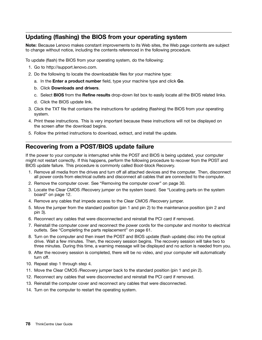 Lenovo 1993, 1995, 1986 Updating flashing the Bios from your operating system, Recovering from a POST/BIOS update failure 