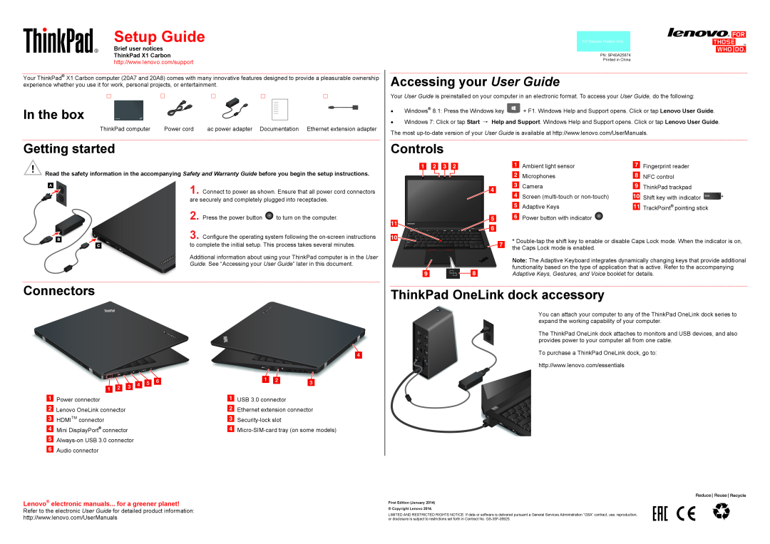 Lenovo 20A7, 20A8 setup guide In the box, Getting started, Accessing your User Guide, Controls, Connectors, Setup Guide 
