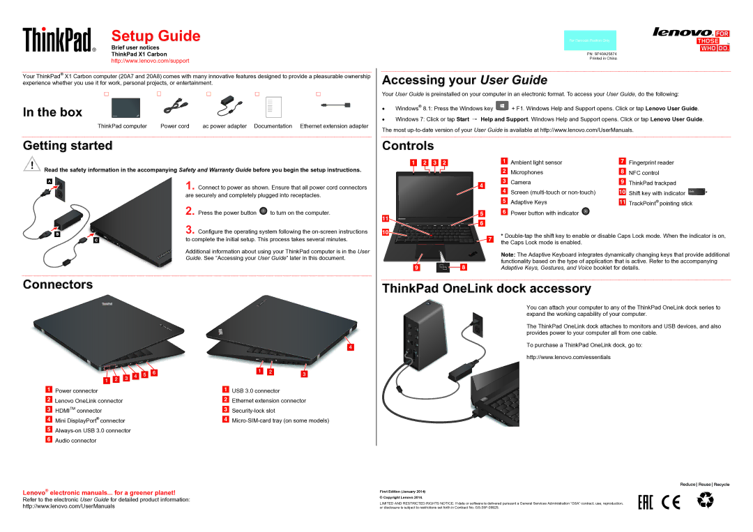 Lenovo 20A7, 20A8 setup guide Box, Getting started, Accessing your User Guide, Controls, Connectors 