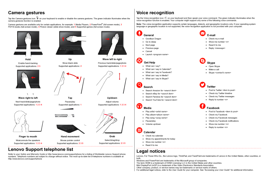 Lenovo 20A8, 20A7 setup guide Camera gestures, Lenovo Support telephone list Voice recognition, Legal notices 