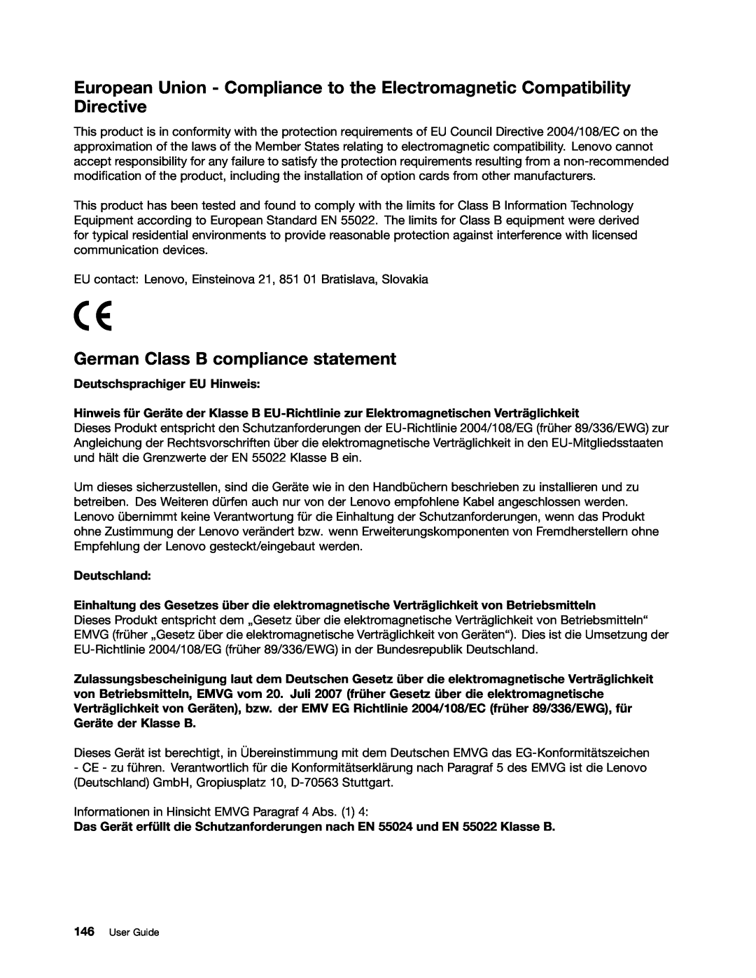 Lenovo 20AQ006HUS, 20AQ004JUS manual German Class B compliance statement, Deutschsprachiger EU Hinweis, Deutschland 
