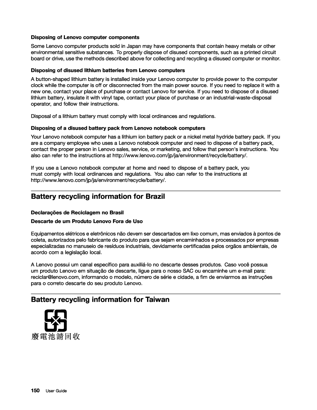 Lenovo 20AQ006HUS, 20AQ004JUS manual Battery recycling information for Brazil, Battery recycling information for Taiwan 