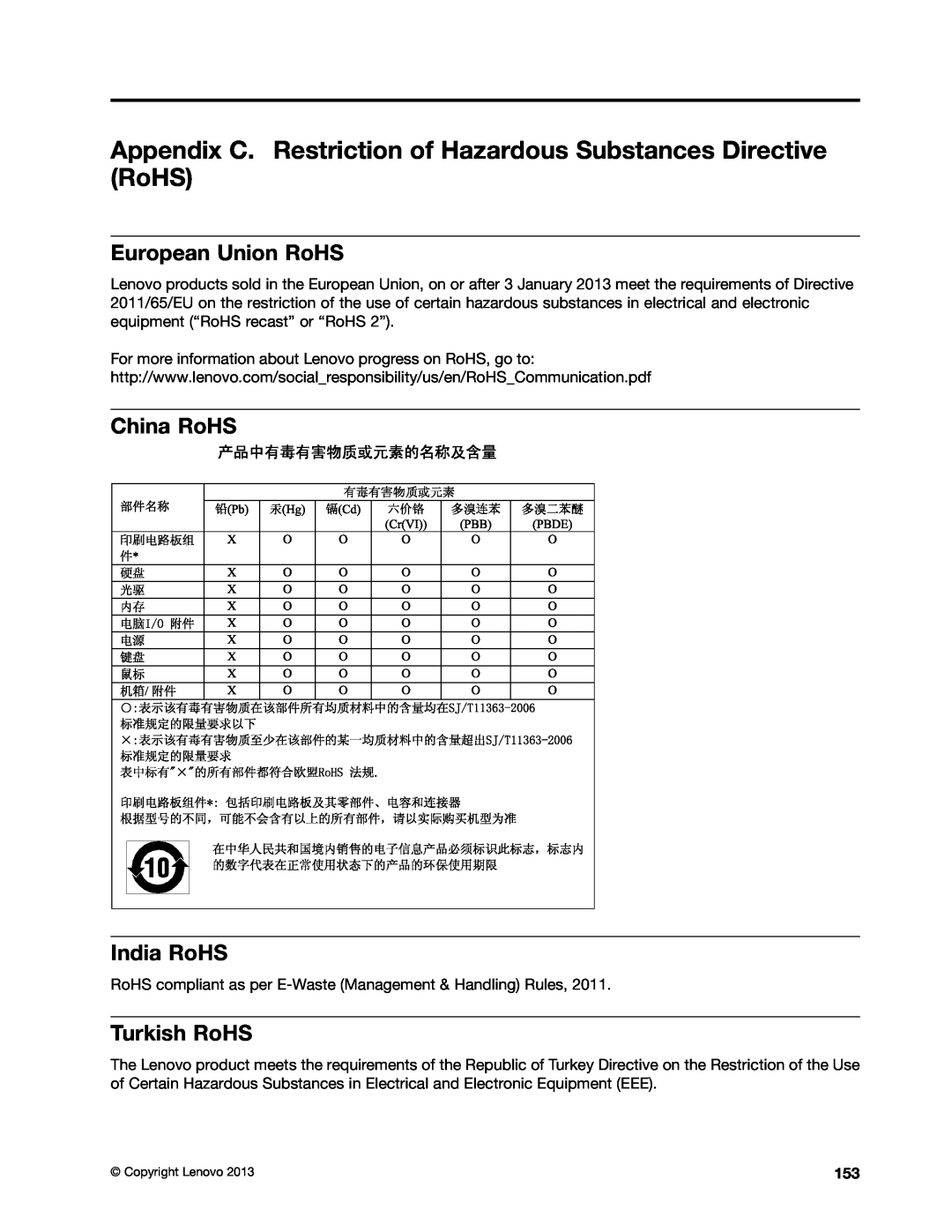 Lenovo 20AQ004JUS manual Appendix C. Restriction of Hazardous Substances Directive RoHS, European Union RoHS, Turkish RoHS 
