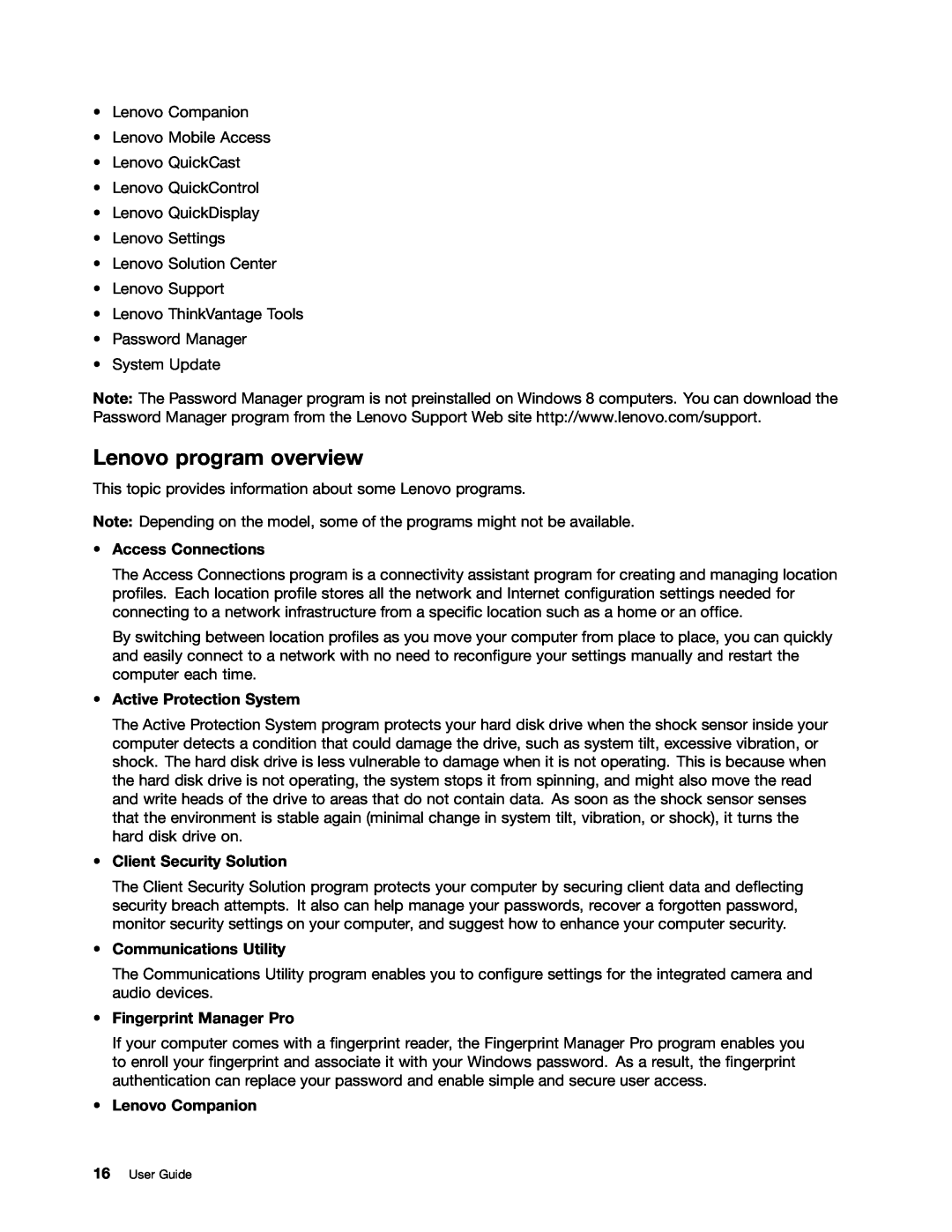 Lenovo 20AQ006HUS manual Lenovo program overview, Access Connections, Active Protection System, Client Security Solution 