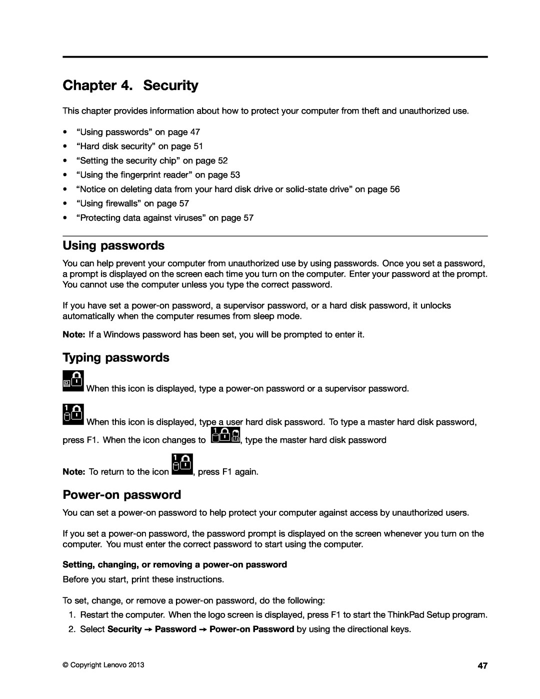 Lenovo 20AQ004JUS, 20AQ006HUS manual Security, Using passwords, Typing passwords, Power-on password 
