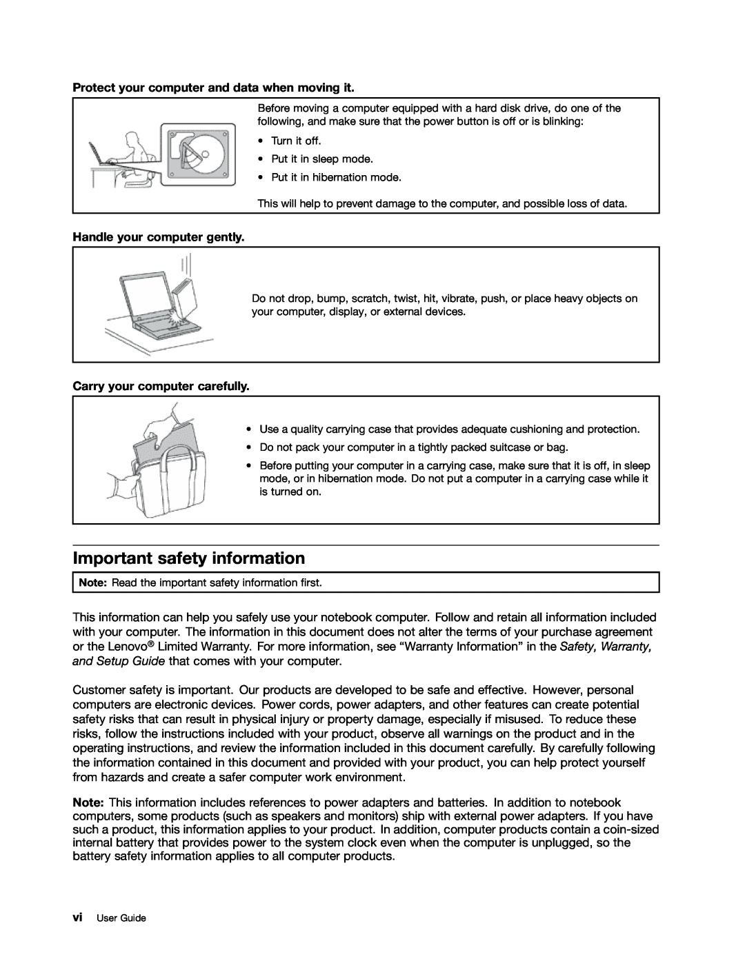 Lenovo 20AQ006HUS Important safety information, Protect your computer and data when moving it, Handle your computer gently 