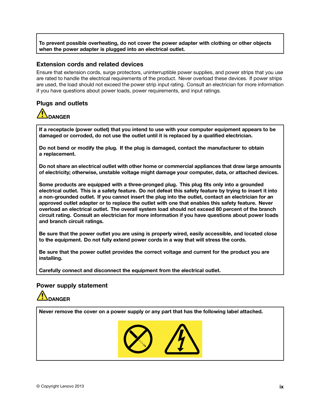 Lenovo 20AQ004JUS, 20AQ006HUS manual Extension cords and related devices, Plugs and outlets, Power supply statement 