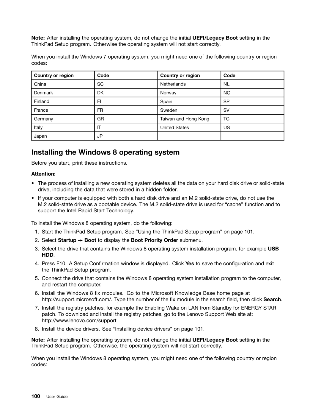 Lenovo 20AQ006HUS, 20AQ004JUS manual Installing the Windows 8 operating system, Country or region Code 