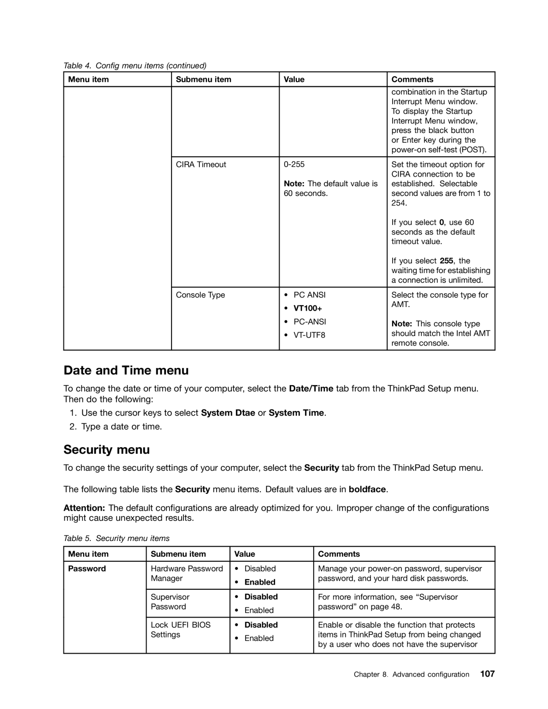 Lenovo 20AQ004JUS, 20AQ006HUS Date and Time menu, Security menu, VT100+, Menu item Submenu item Value Comments Password 