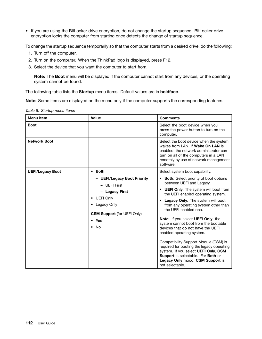 Lenovo 20AQ006HUS manual Menu item Value Comments Boot, Network Boot, UEFI/Legacy Boot Both, UEFI/Legacy Boot Priority, Yes 