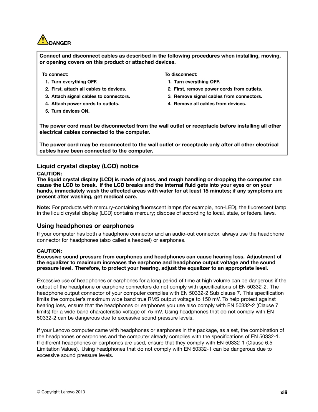 Lenovo 20AQ004JUS, 20AQ006HUS manual Liquid crystal display LCD notice, Using headphones or earphones, Xiii 