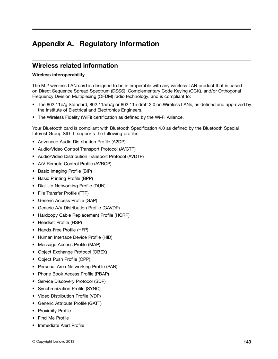 Lenovo 20AQ004JUS manual Appendix A. Regulatory Information, Wireless related information, Wireless interoperability, 143 