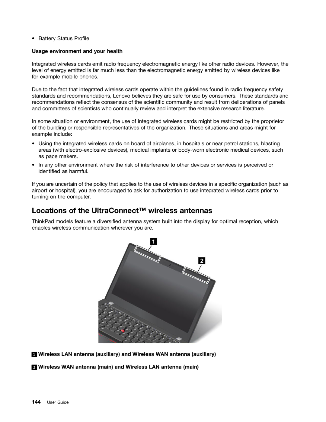 Lenovo 20AQ006HUS, 20AQ004JUS manual Locations of the UltraConnect wireless antennas, Usage environment and your health 