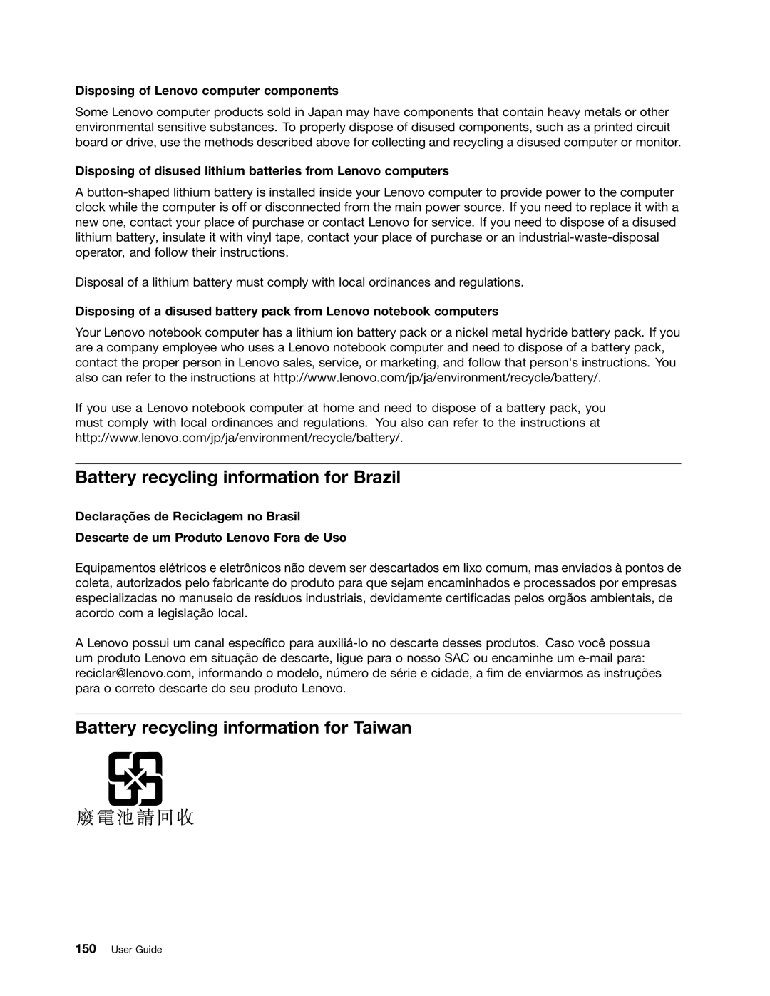 Lenovo 20AQ006HUS, 20AQ004JUS manual Battery recycling information for Brazil, Battery recycling information for Taiwan 