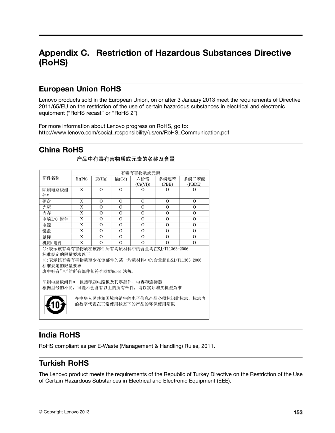 Lenovo 20AQ004JUS, 20AQ006HUS manual European Union RoHS, China RoHS India RoHS, Turkish RoHS, 153 