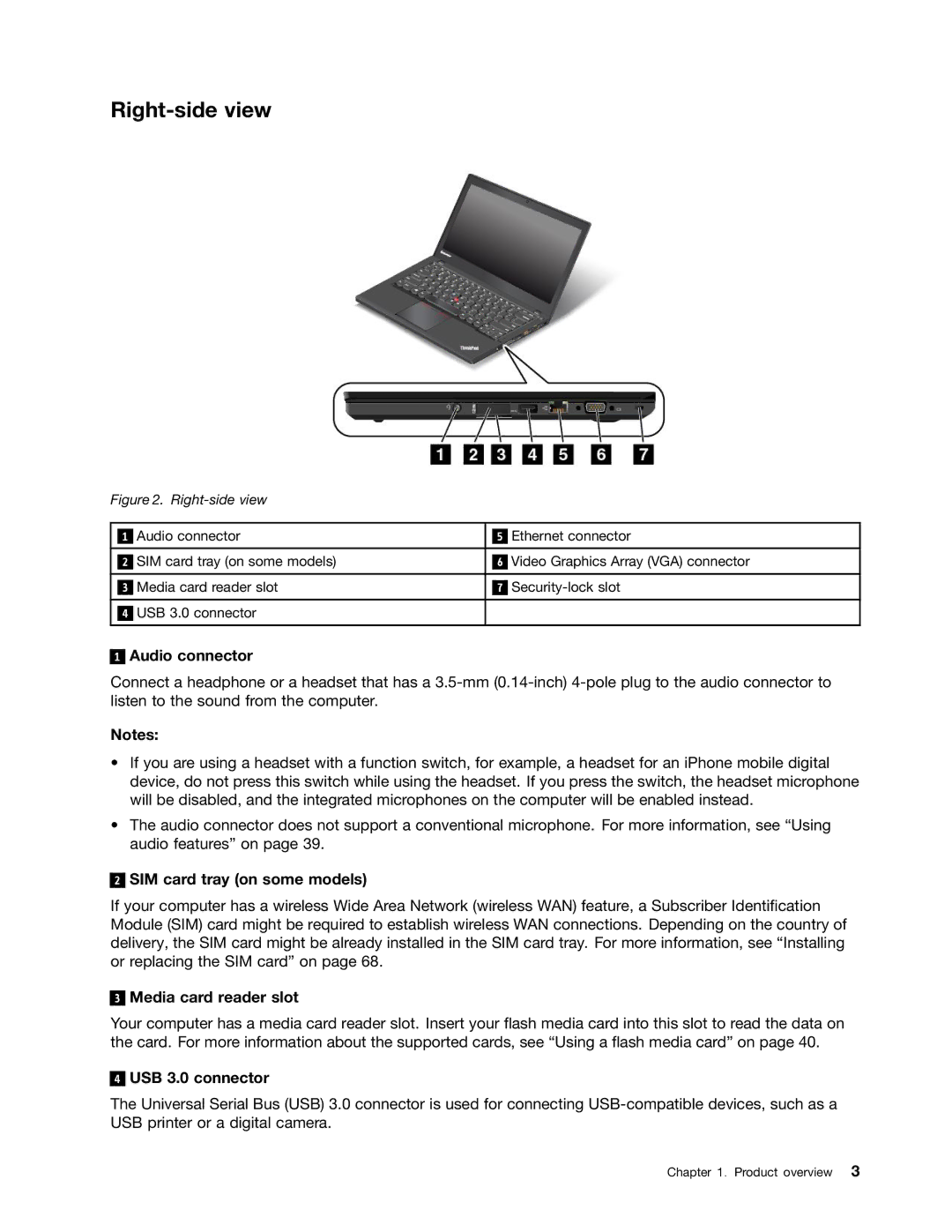 Lenovo 20AQ004JUS, 20AQ006HUS manual Right-side view, Audio connector, SIM card tray on some models, Media card reader slot 