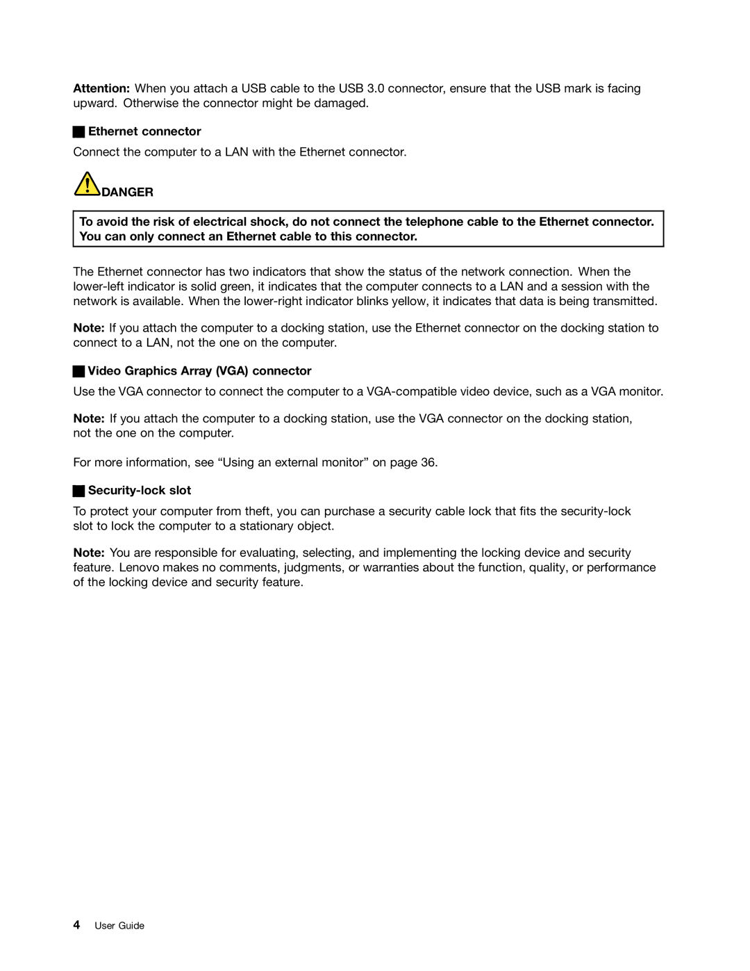Lenovo 20AQ006HUS, 20AQ004JUS manual Ethernet connector, Video Graphics Array VGA connector, Security-lock slot 