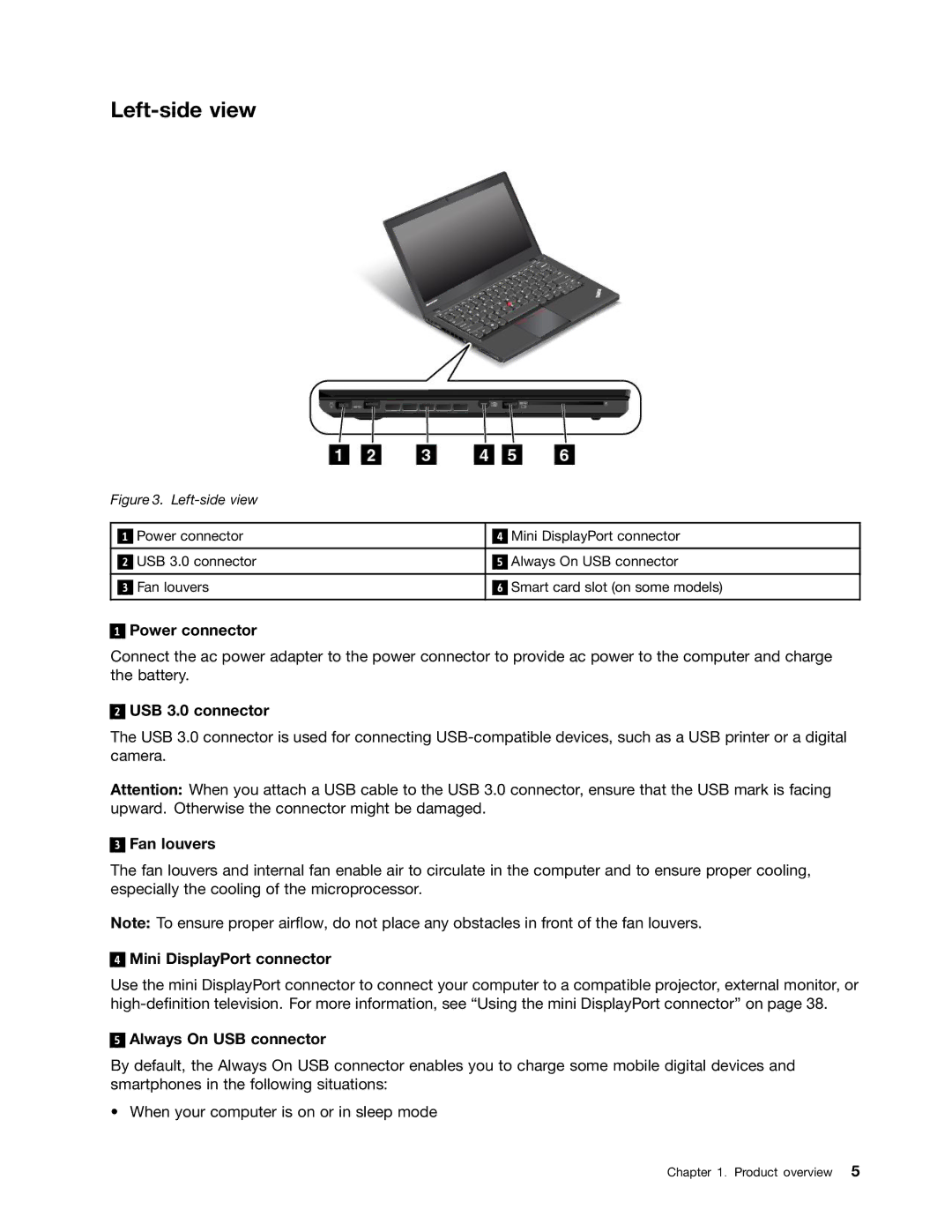 Lenovo 20AQ004JUS manual Left-side view, Power connector, Fan louvers, Mini DisplayPort connector, Always On USB connector 