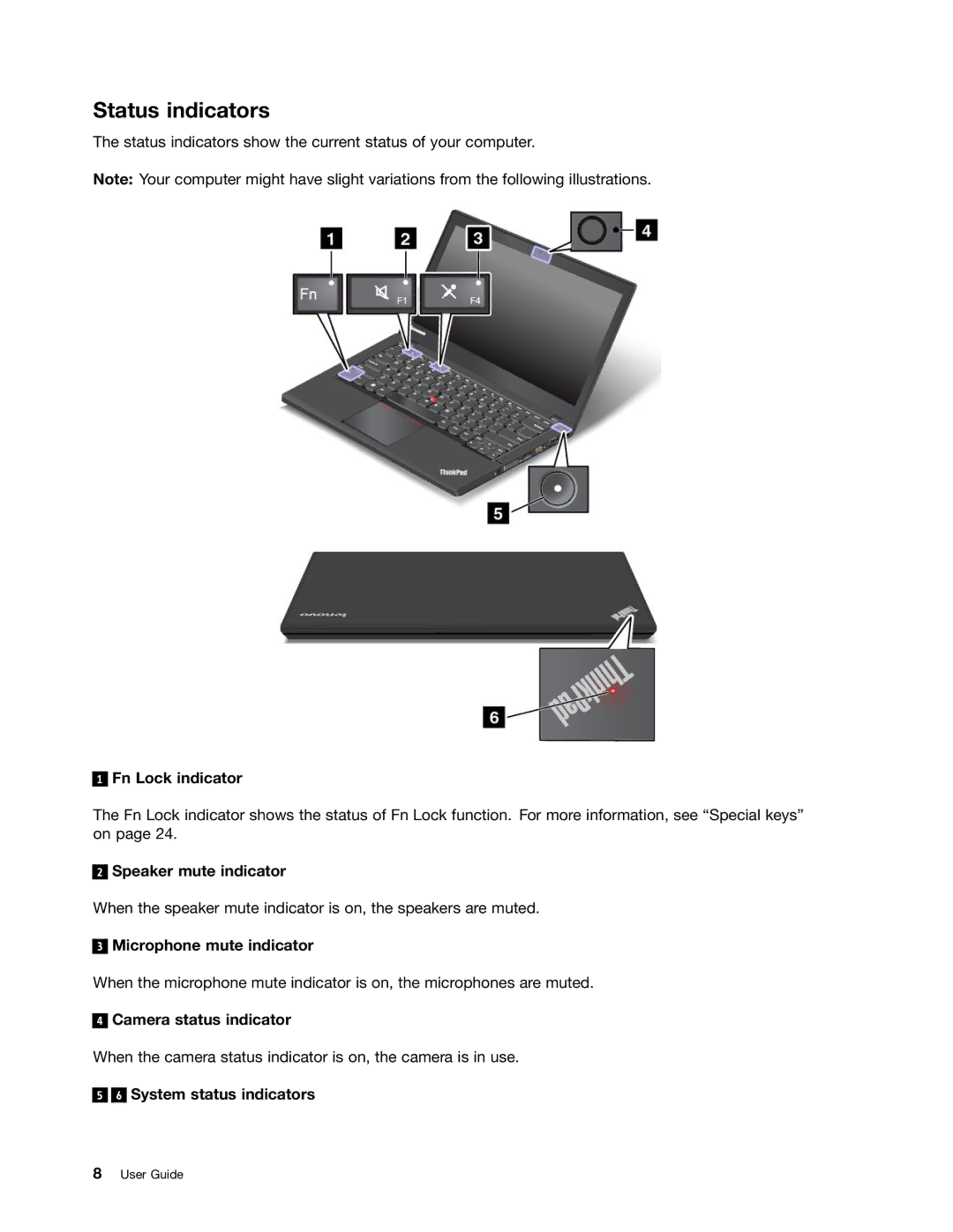 Lenovo 20AQ006HUS, 20AQ004JUS manual Status indicators 