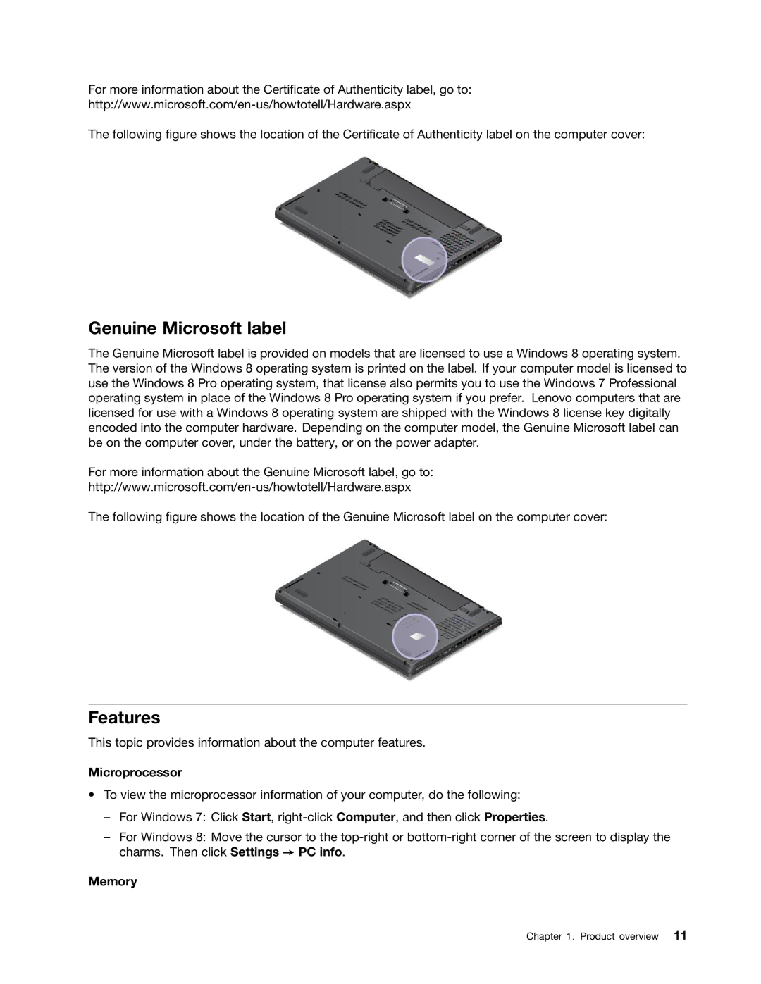 Lenovo 20AQ004JUS, 20AQ006HUS manual Genuine Microsoft label, Features, Microprocessor, Memory 