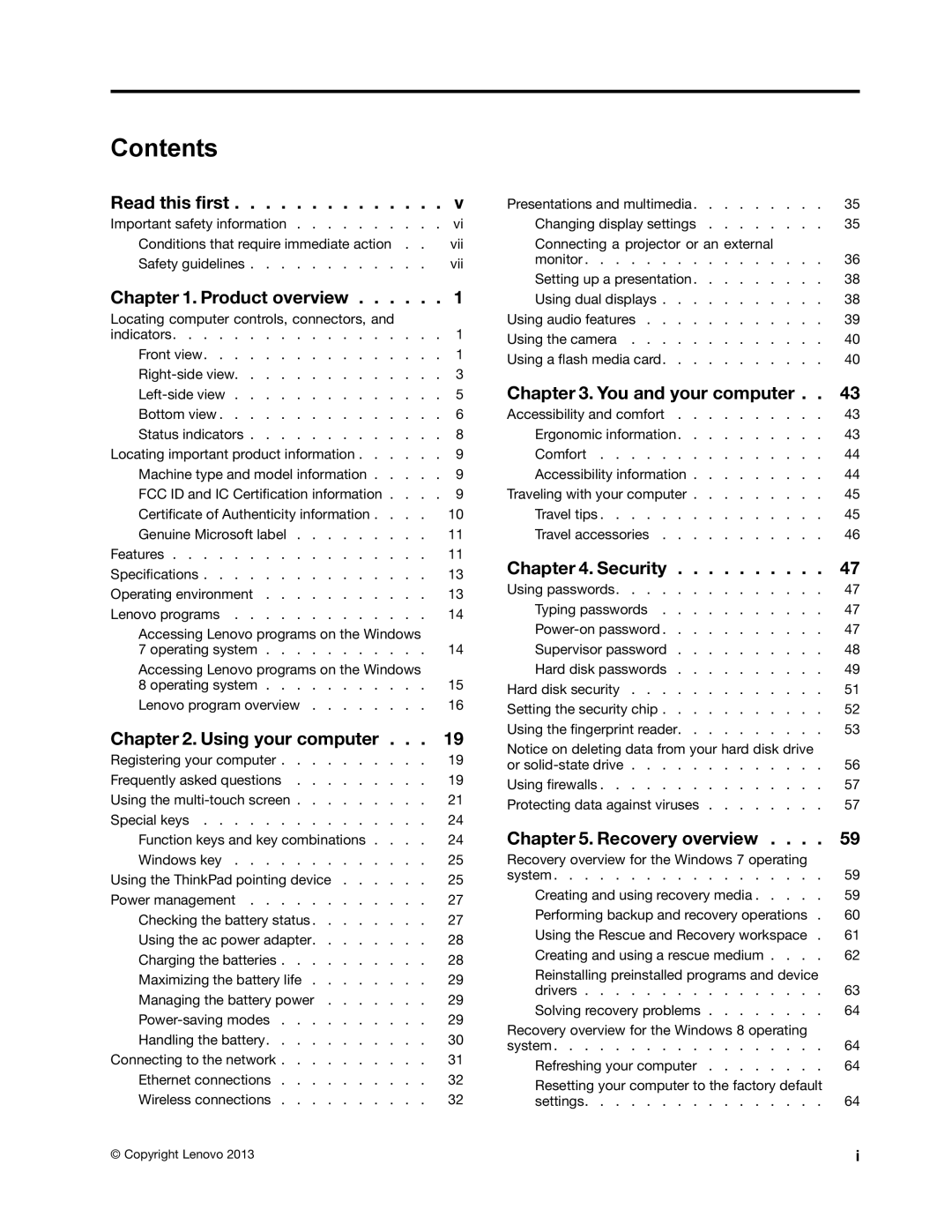 Lenovo 20AQ004JUS, 20AQ006HUS manual Contents 