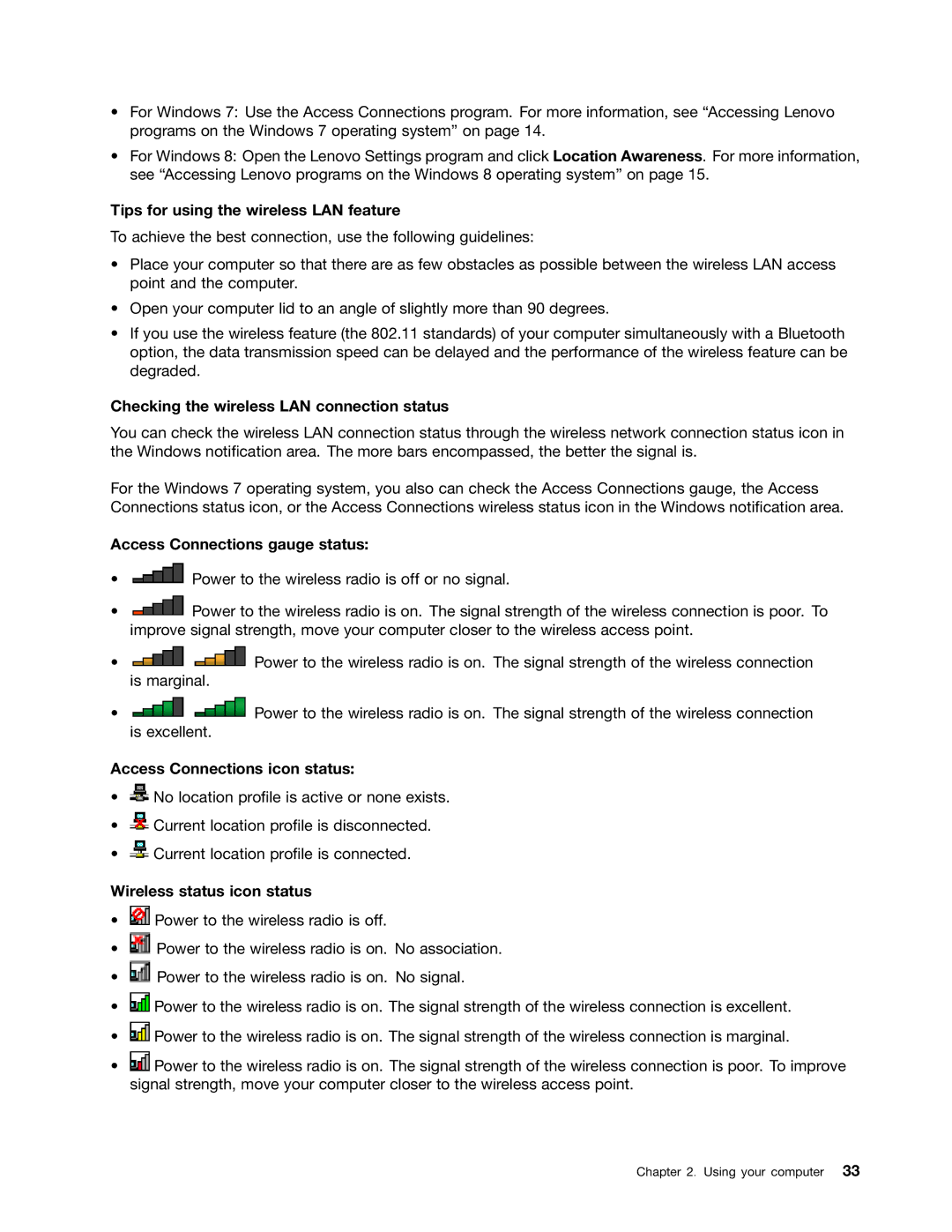 Lenovo 20AQ004JUS, 20AQ006HUS manual Tips for using the wireless LAN feature, Checking the wireless LAN connection status 