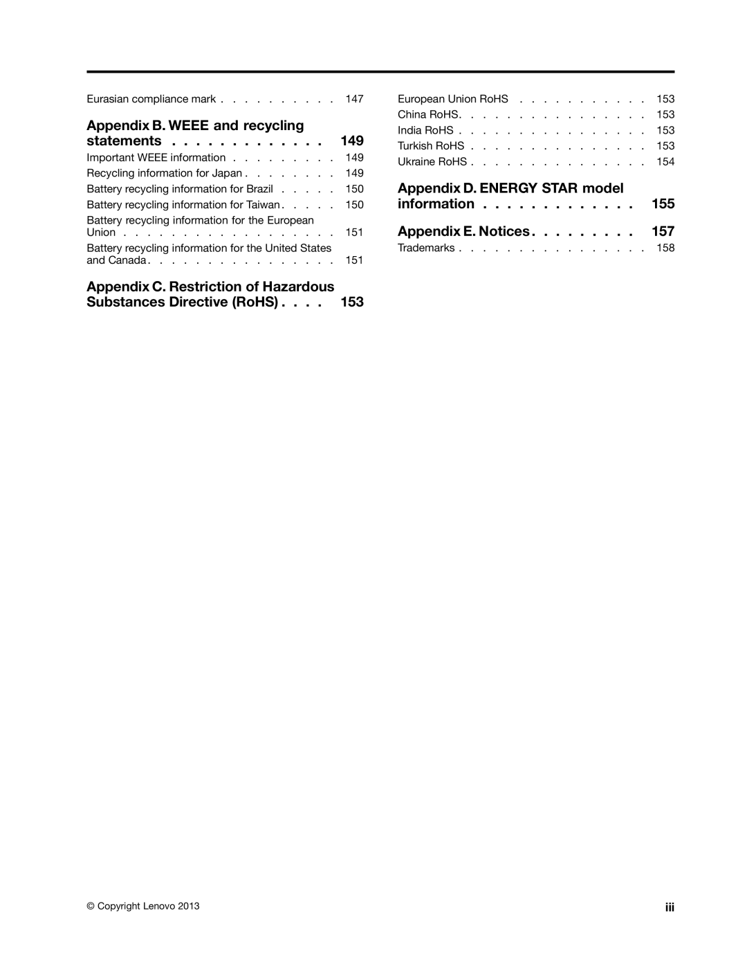 Lenovo 20AQ004JUS, 20AQ006HUS manual Appendix B. Weee and recycling statements, Iii 